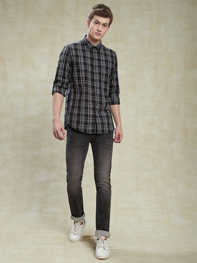 Cotton Melange Black Checkered Slim Fit Full Sleeve Casual Shirt