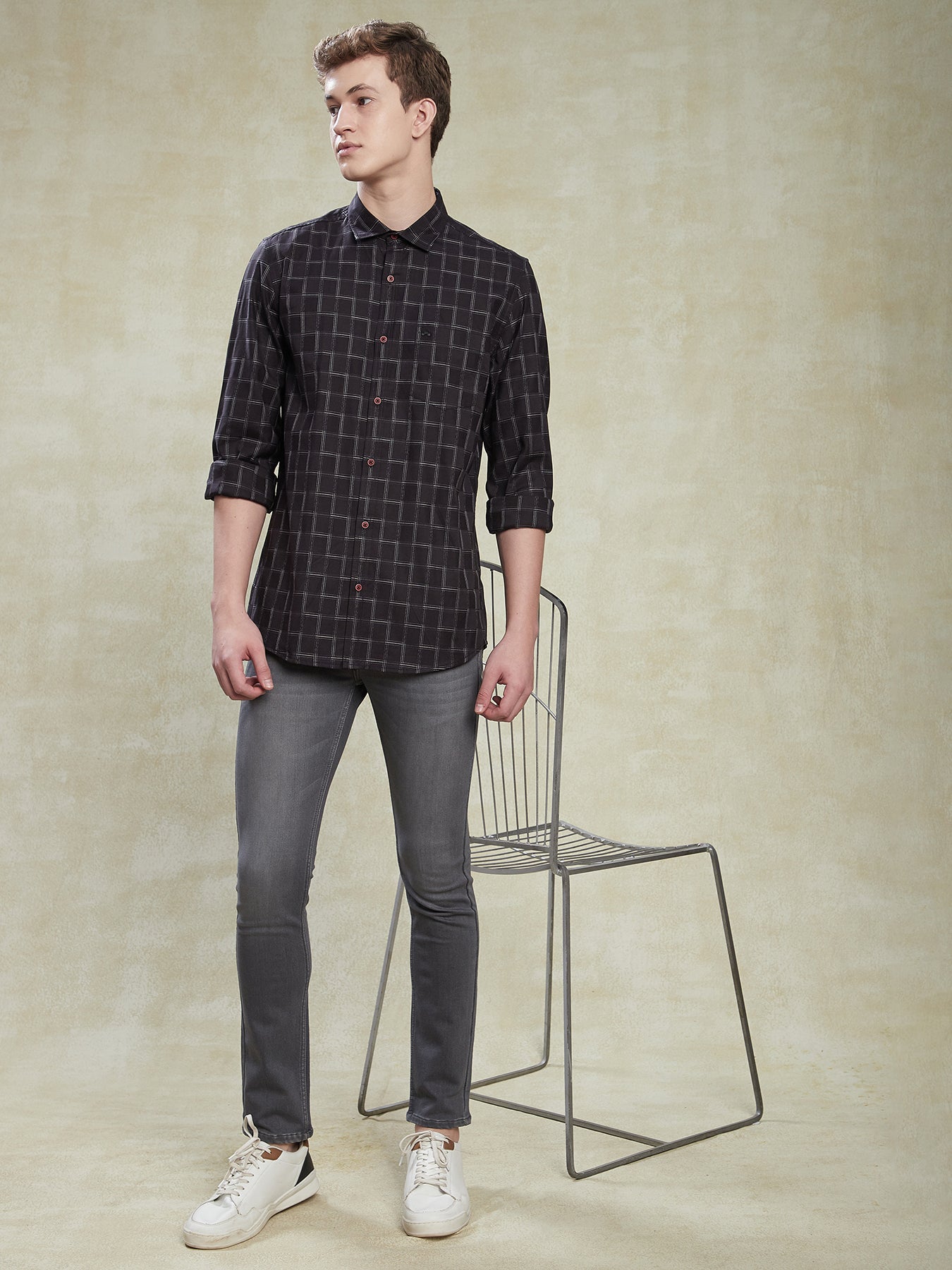 100% Cotton Black Checkered Slim Fit Full Sleeve Casual Shirt
