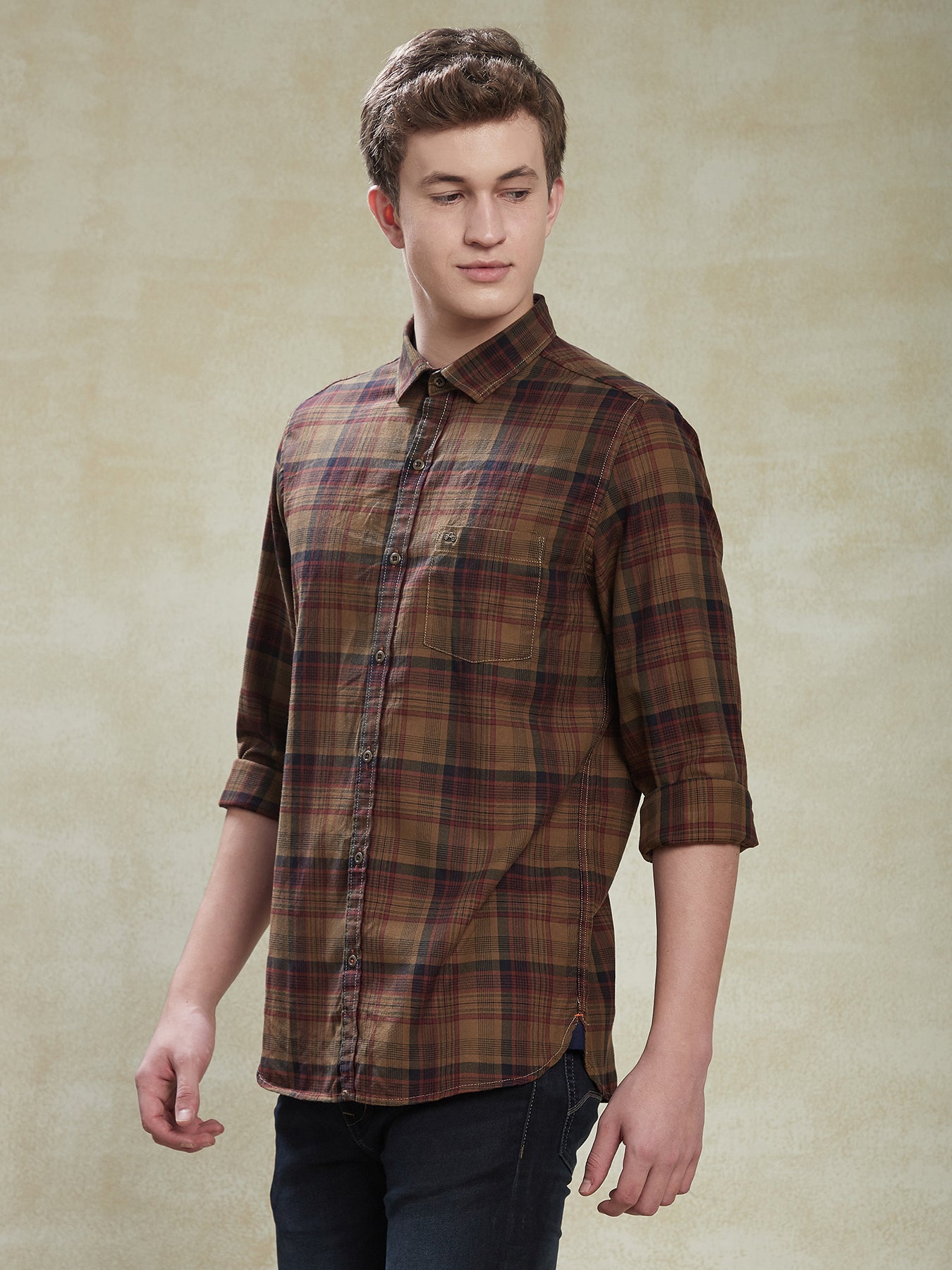 100% Cotton Brown Checkered Slim Fit Full Sleeve Casual Shirt