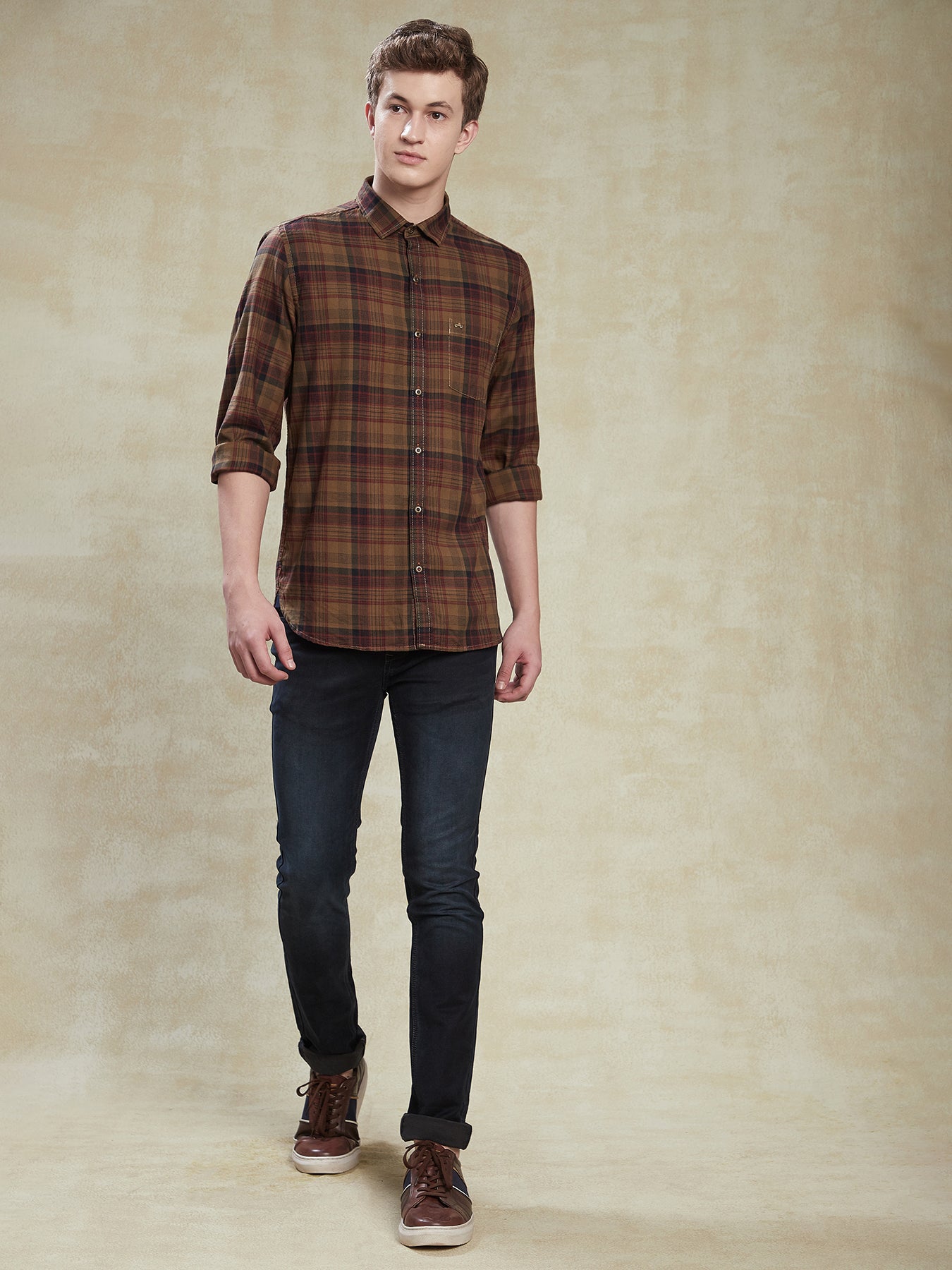 100% Cotton Brown Checkered Slim Fit Full Sleeve Casual Shirt