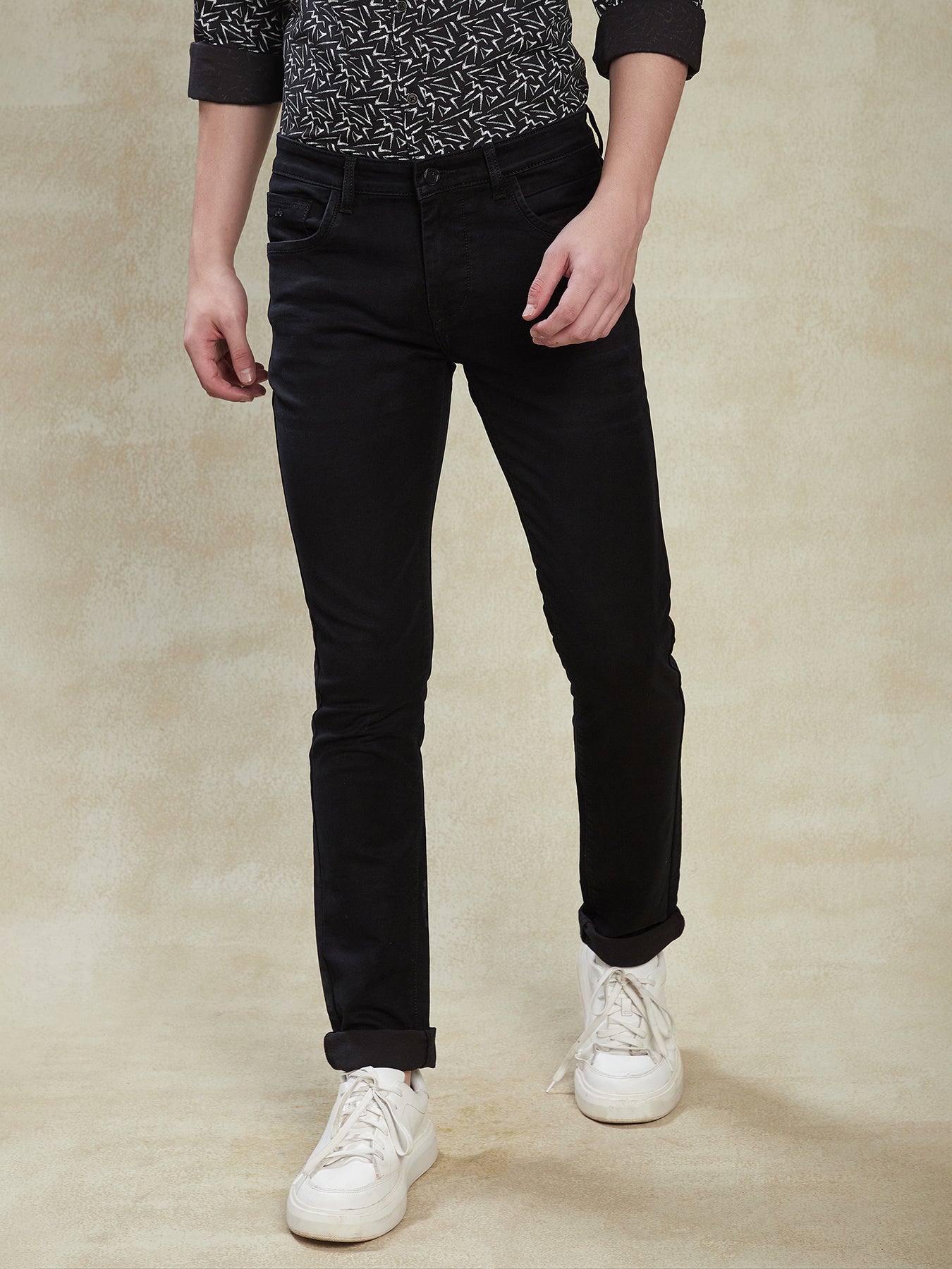 Cotton Stretch Black Plain Narrow Fit Flat Front Casual Jeans