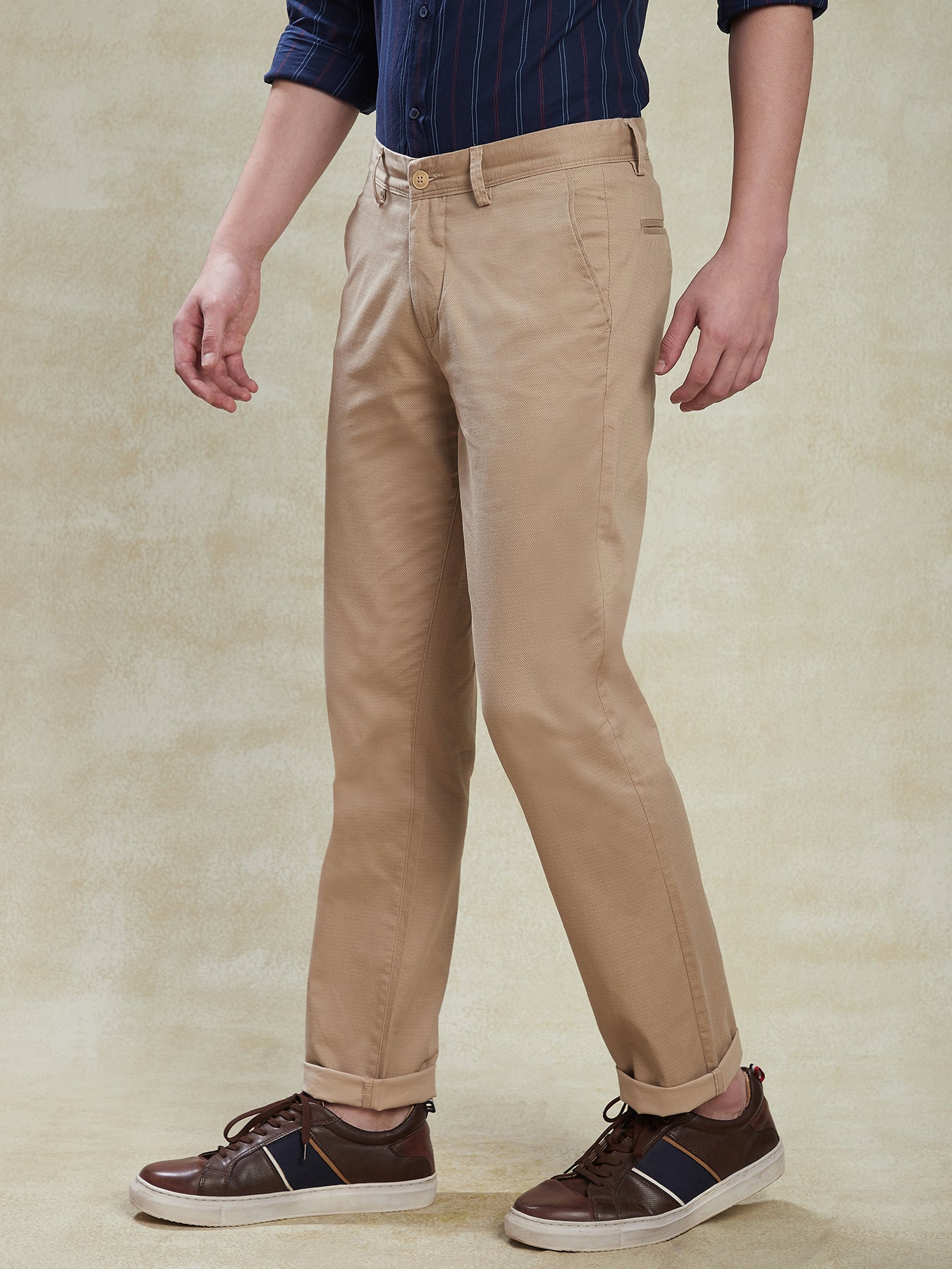 Cotton Stretch Beige Printed Narrow Fit Flat Front Casual Trouser