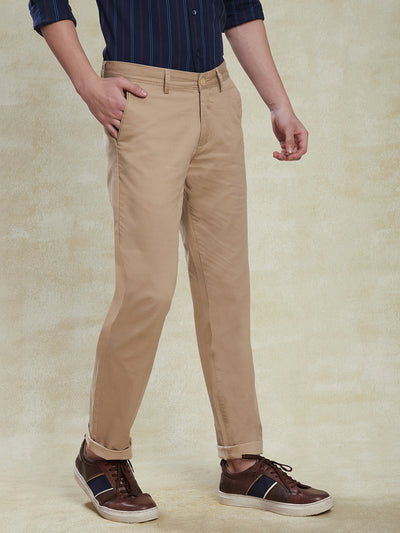 Cotton Stretch Beige Printed Narrow Fit Flat Front Casual Trouser