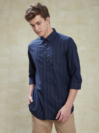 100% Cotton Navy Blue Striped Slim Fit Full Sleeve Casual Shirt