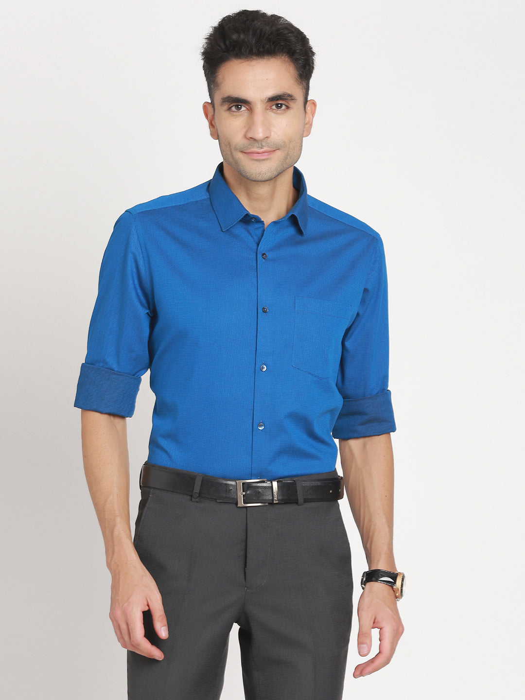 100% Cotton Blue Dobby Regular Fit Full Sleeve Formal Shirt