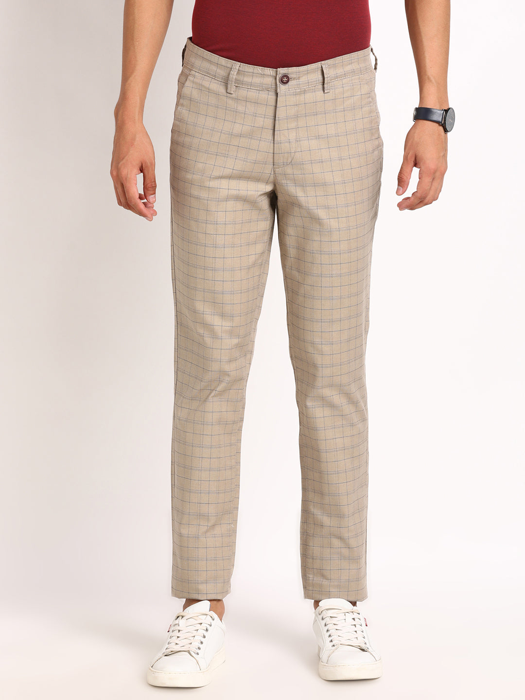 Cotton Stretch Beige Checkered Narrow Fit Flat Front Casual Trouser