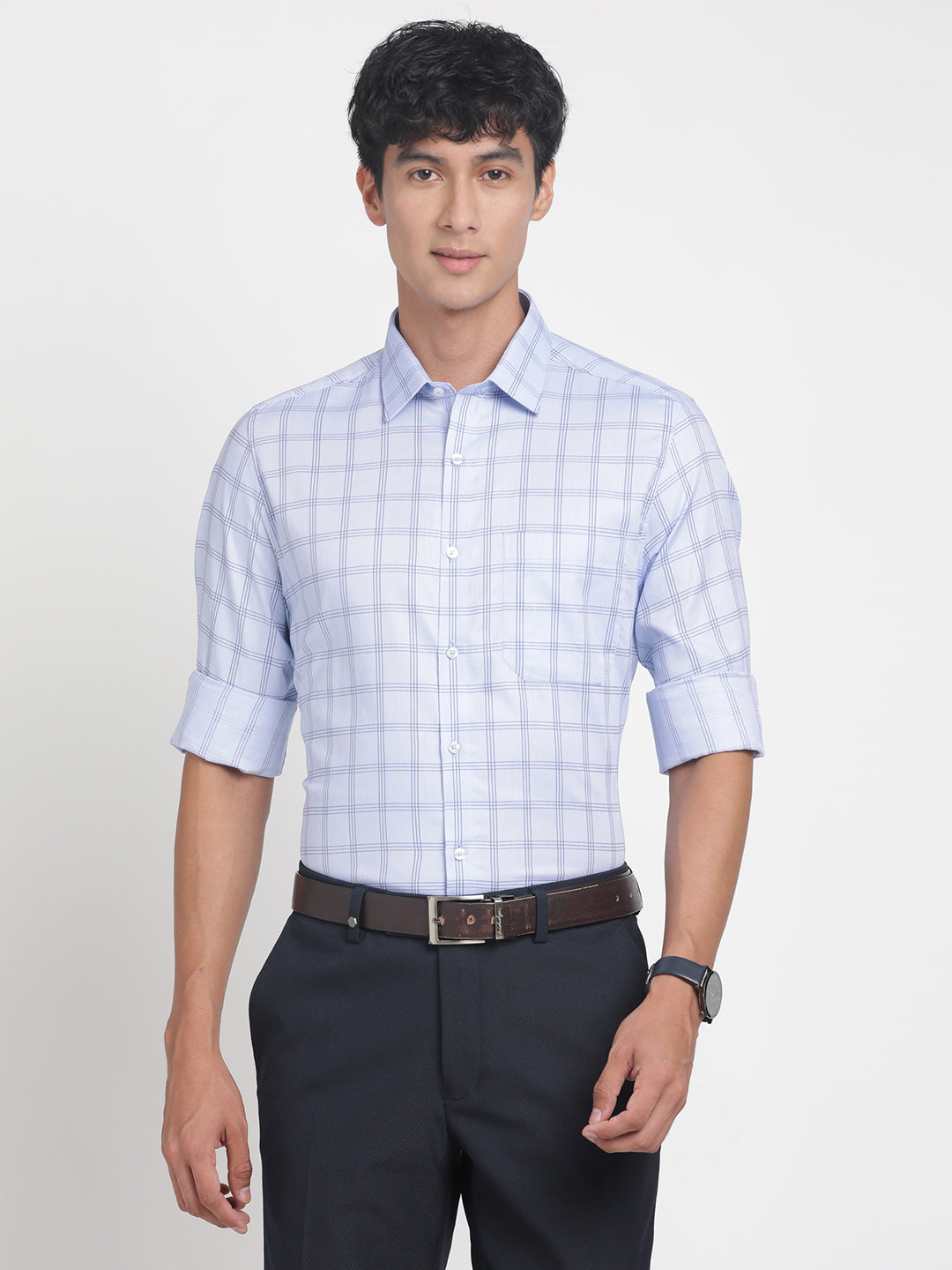 Giza Cotton Light Blue Checkered Slim Fit Full Sleeve Formal Shirt