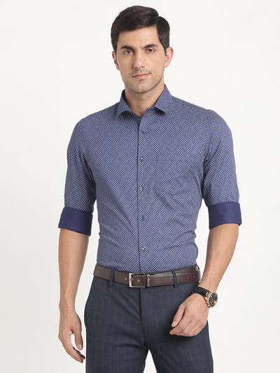 100% Cotton Navy Blue Printed Slim Fit Full Sleeve Formal Shirt