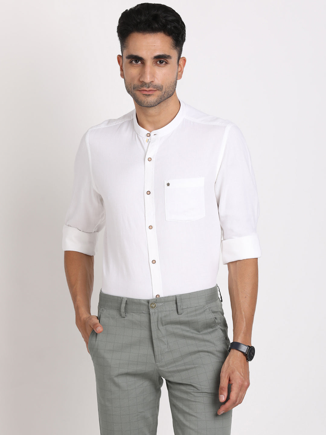 Cotton Lyocell White Plain Slim Fit Full Sleeve Casual Shirt