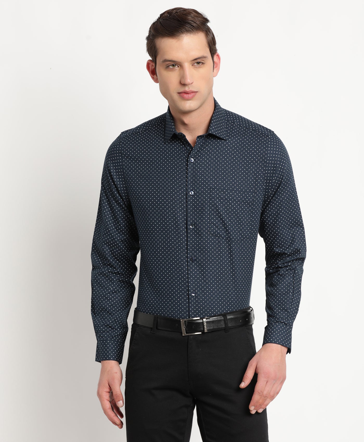 100% Cotton Navy Blue Printed Slim Fit Full Sleeve Formal Shirt