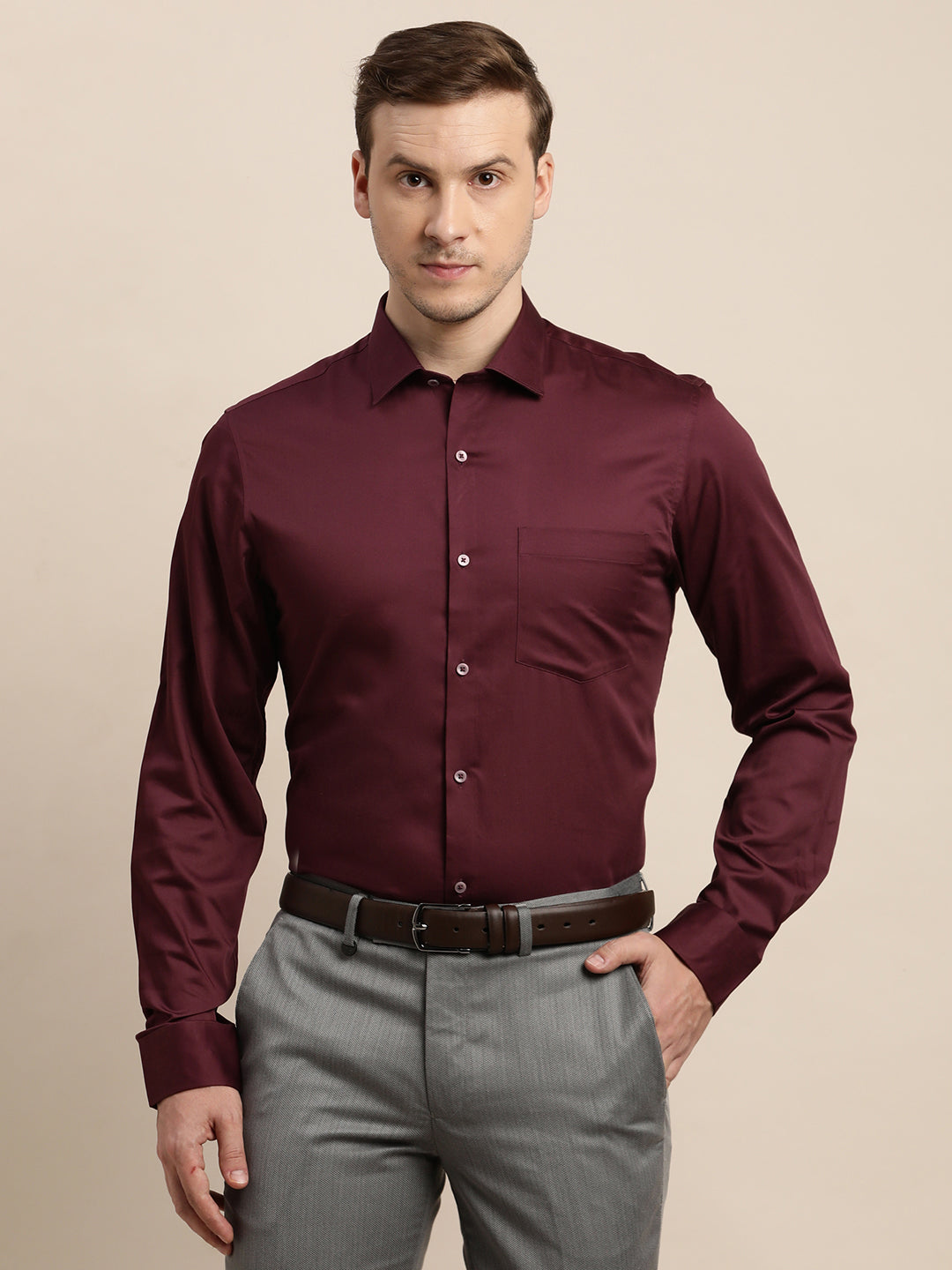 100% Cotton Maroon Plain Slim Fit Full Sleeve Formal Shirt