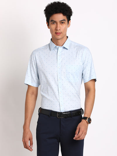 100% Cotton Sky Blue Printed Regular Fit Half Sleeve Formal Shirt