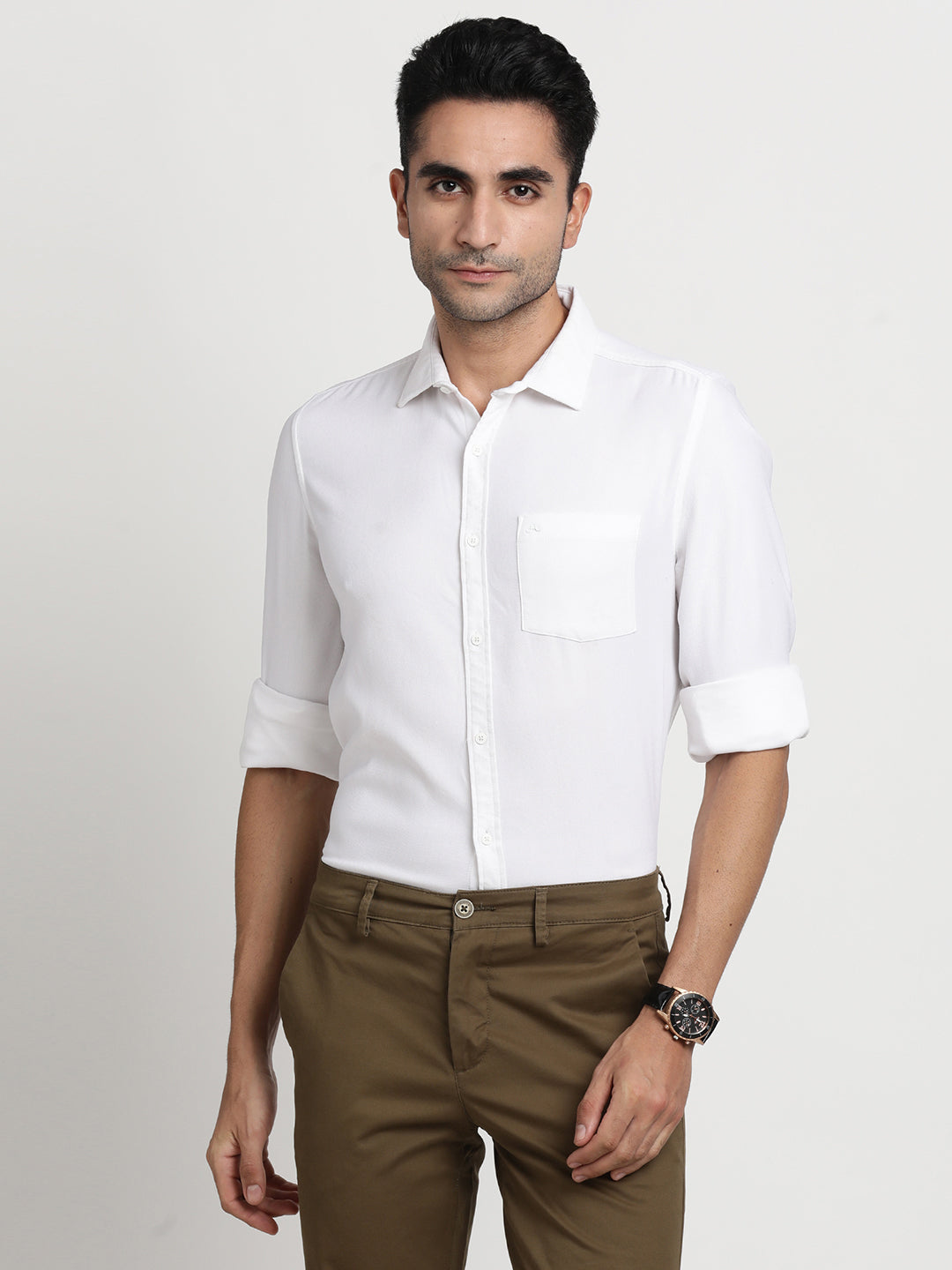 100% Cotton White Plain Slim Fit Full Sleeve Casual Shirt