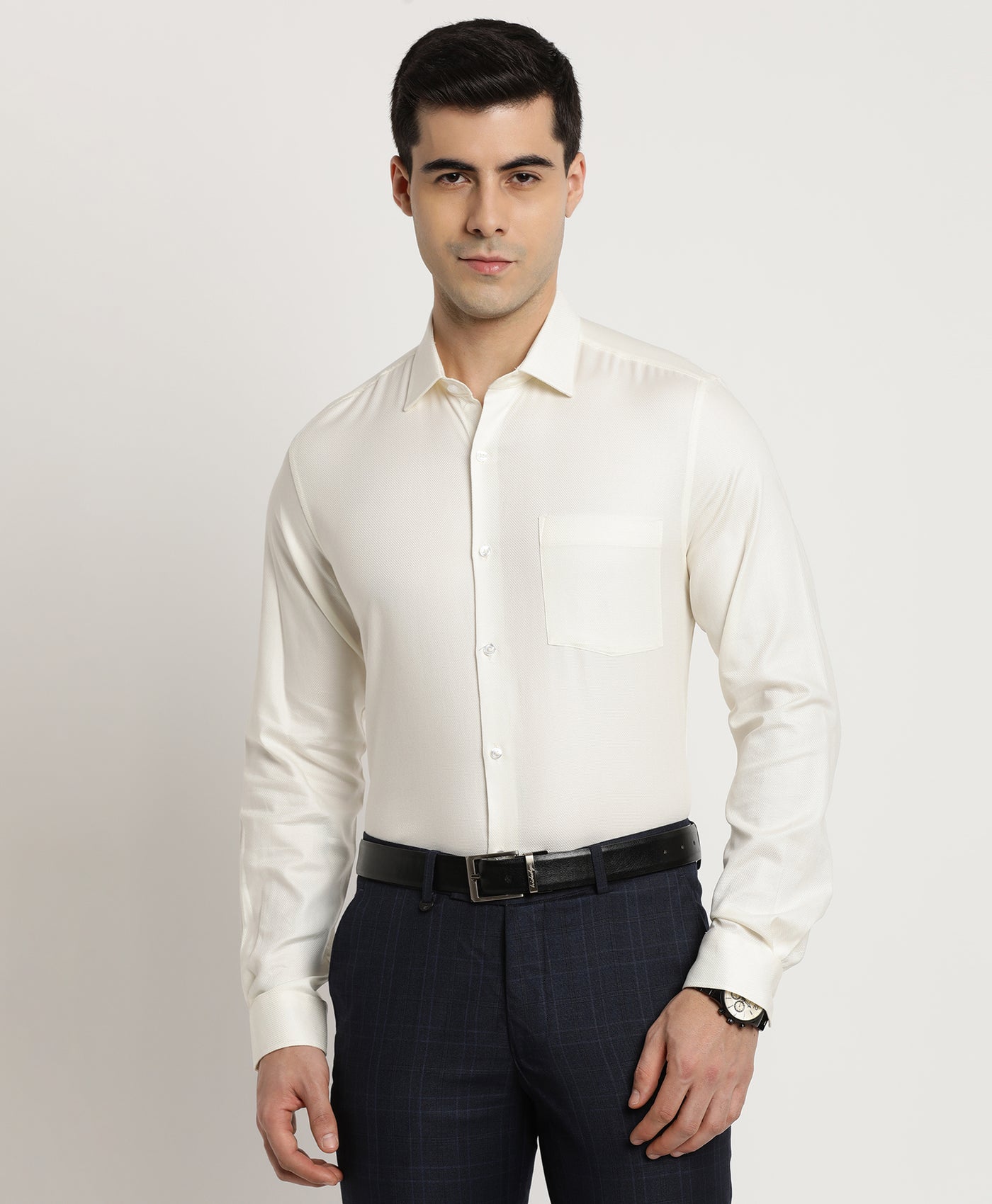 100% Cotton Cream Dobby Slim Fit Full Sleeve Formal Shirt