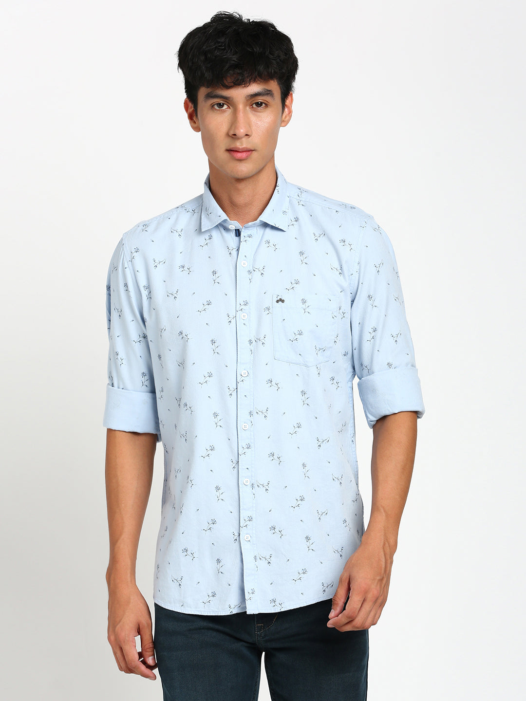 Cotton Tencel Blue Printed Slim Fit Full Sleeve Casual Shirt