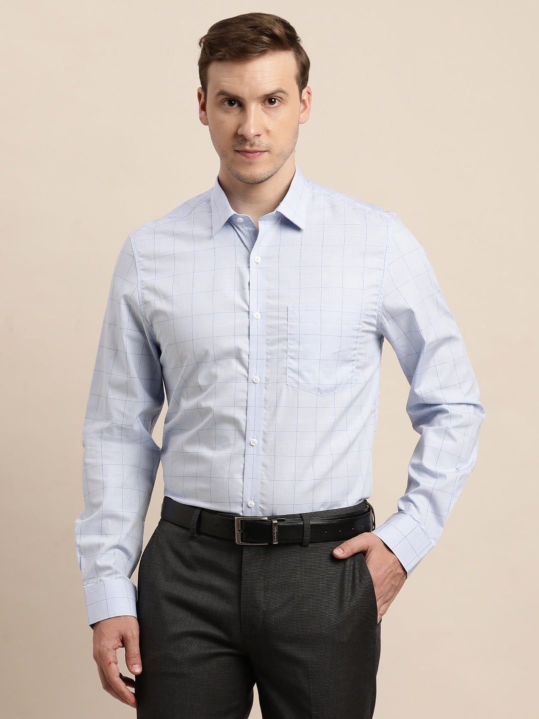 100% Cotton Blue Checkered Slim Fit Full Sleeve Formal Shirt