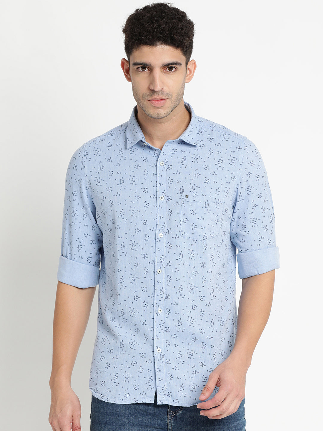 100% Cotton Sky Blue Printed Slim Fit Full Sleeve Casual Shirt