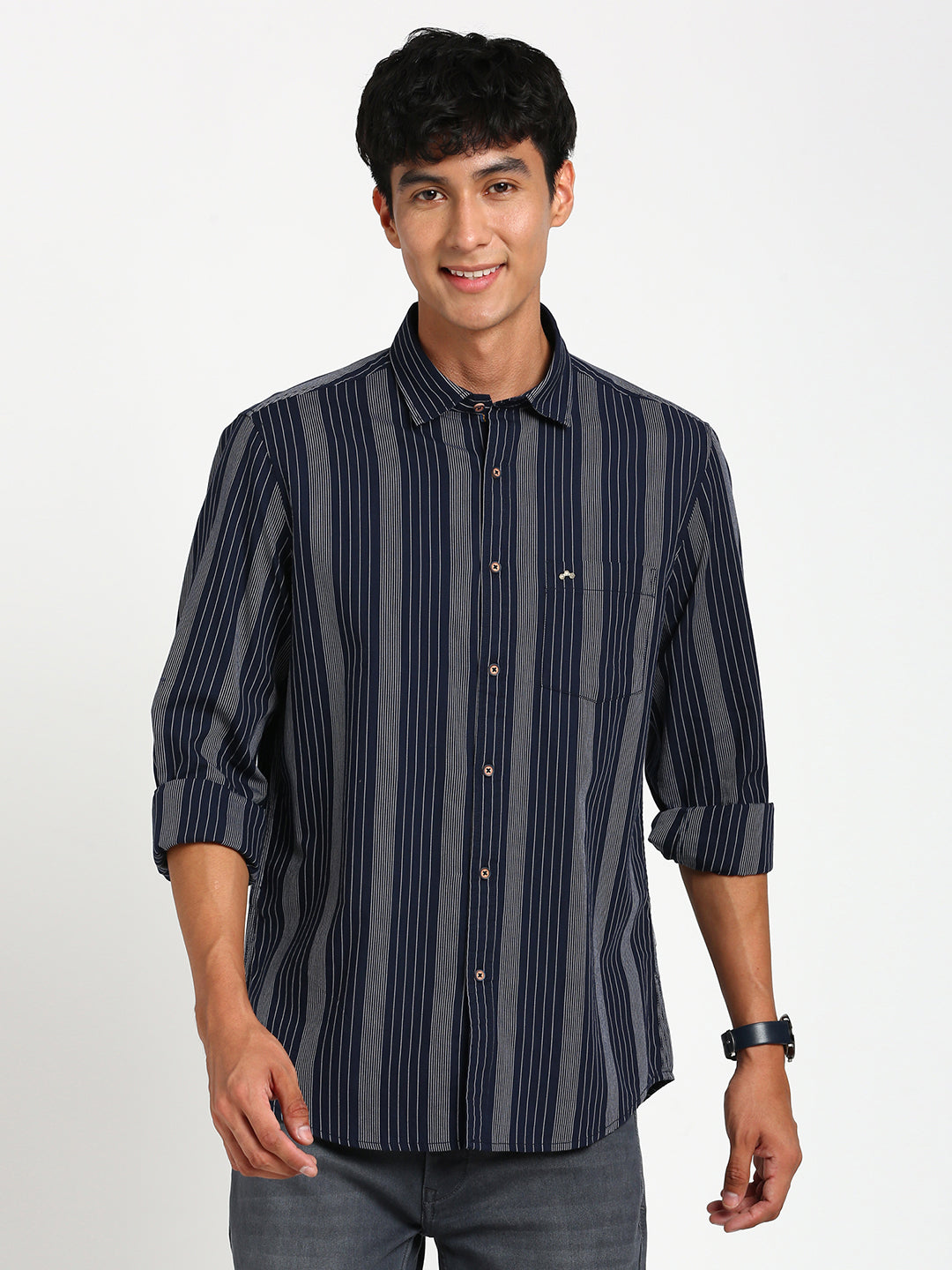 100% Cotton Navy Blue Striped Slim Fit Full Sleeve Casual Shirt