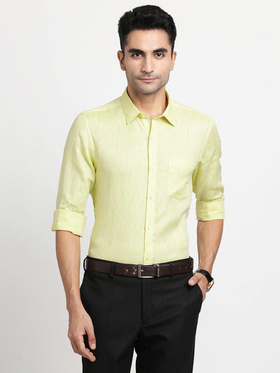 Pure Linen Yellow Plain Slim Fit Full Sleeve Formal Shirt