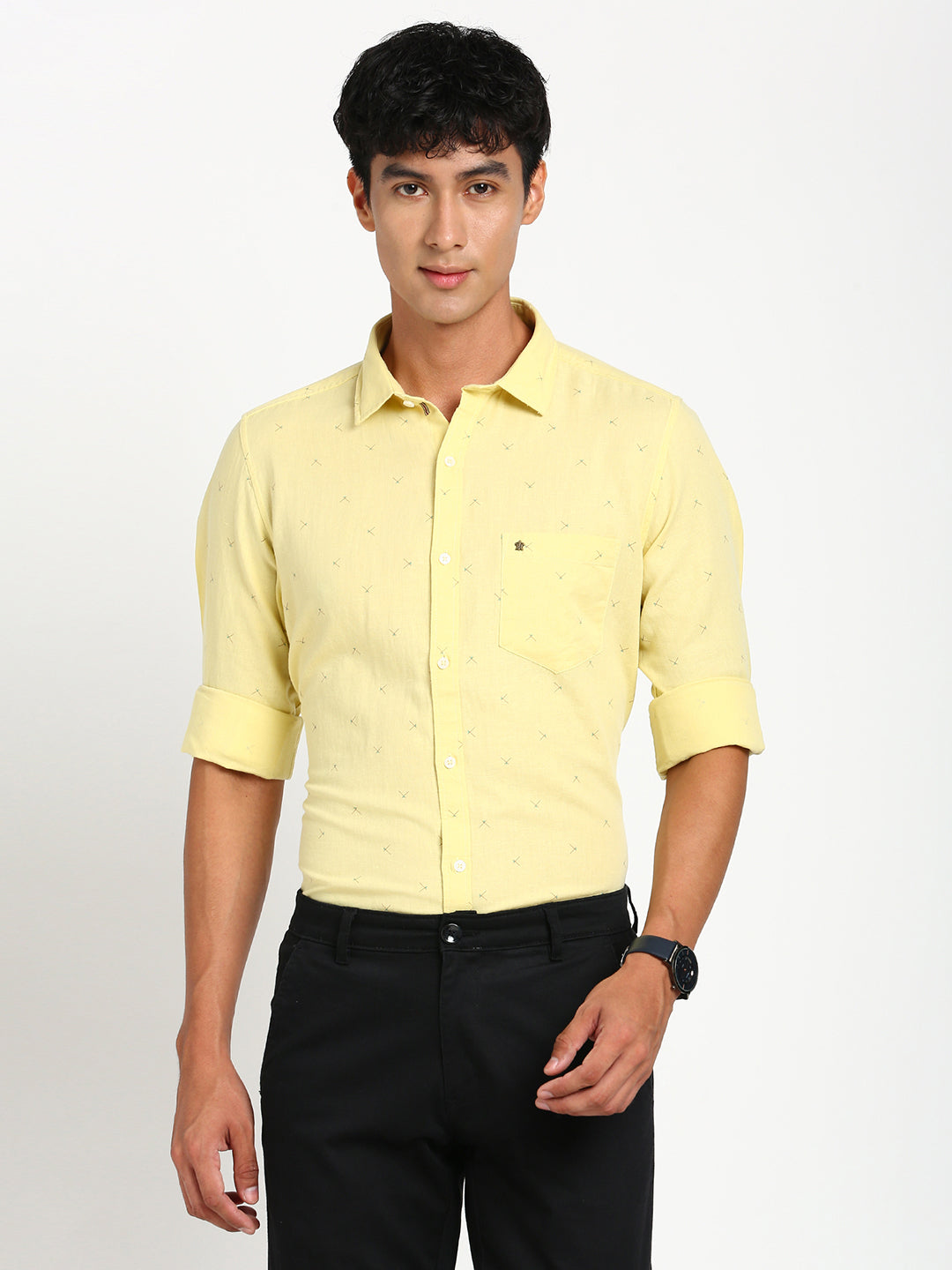 Cotton Linen Yellow Plain Slim Fit Full Sleeve Casual Shirt