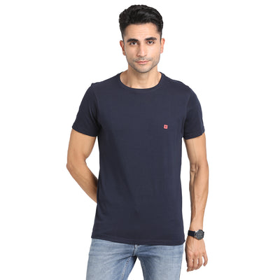 100% Cotton Navy Blue Chest Printed Round Neck Half Sleeve Casual Essential T-Shirt