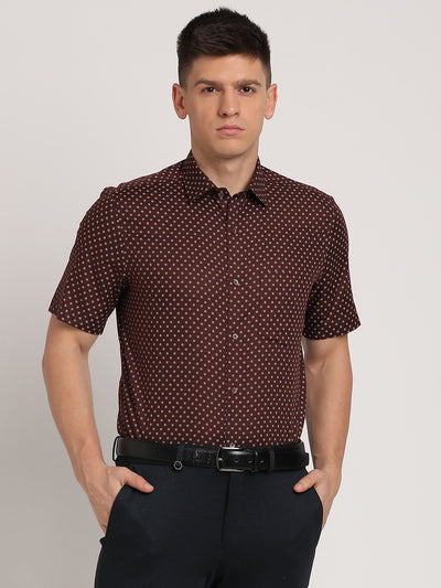 100% Cotton Brown Printed Regular Fit Half Sleeve Formal Shirt