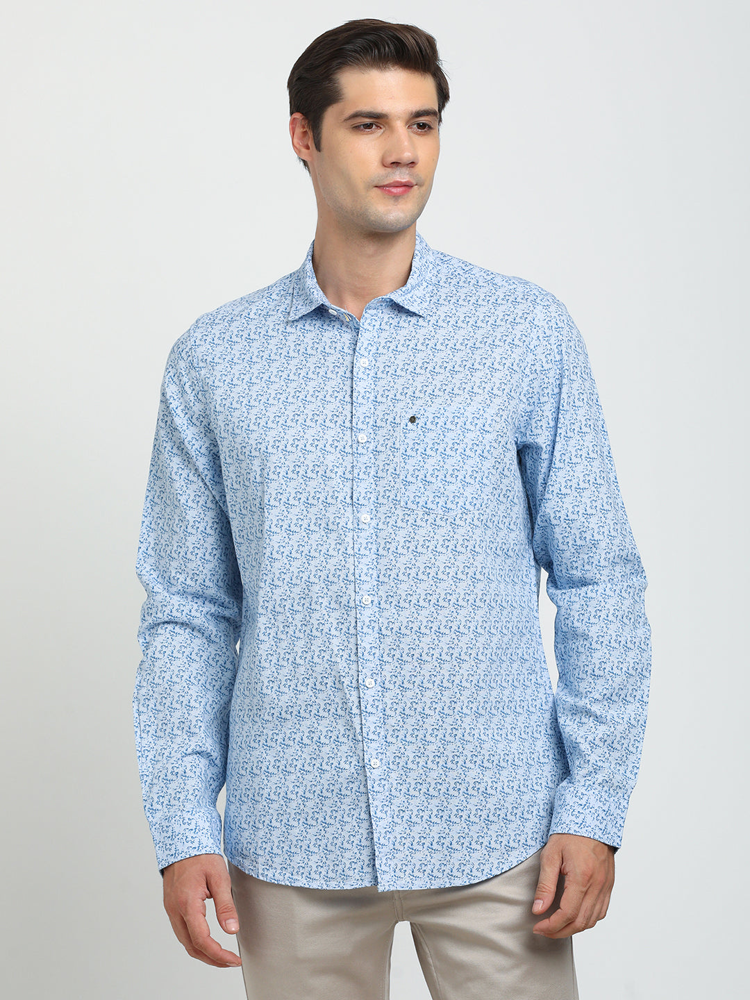 Cotton Linen Sky Blue Printed Slim Fit Full Sleeve Casual Shirt