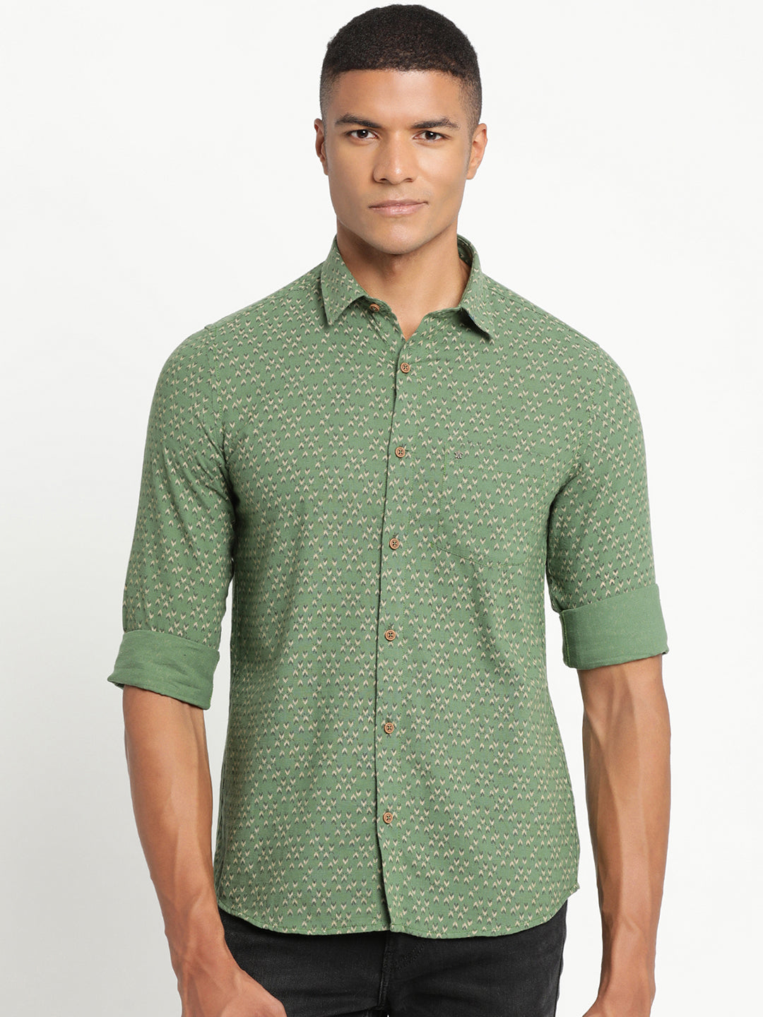 Khadi Dark Green Printed Slim Fit Full Sleeve Casual Shirt