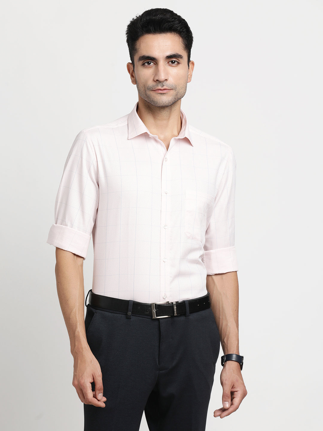 100% Cotton Pink Checkered Regular Fit Full Sleeve Formal Shirt