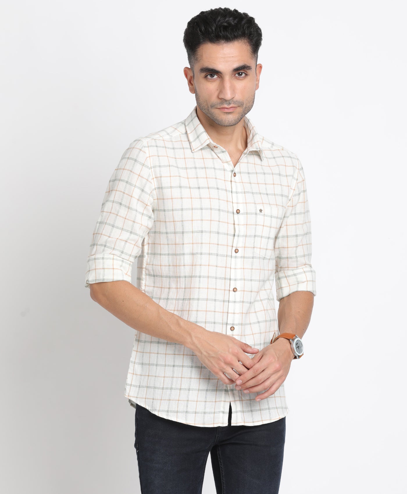 Khadi Beige Checkered Slim Fit Full Sleeve Casual Shirt