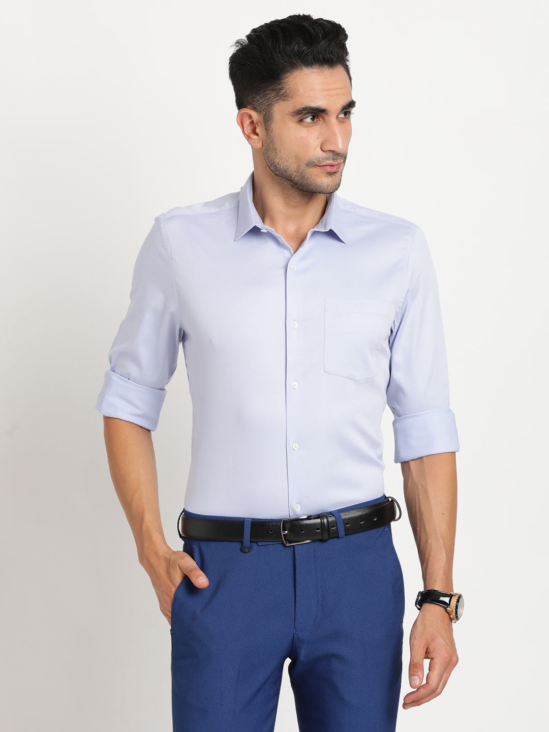 Cotton Stretch Light Blue Plain Slim Fit Full Sleeve Formal Shirt