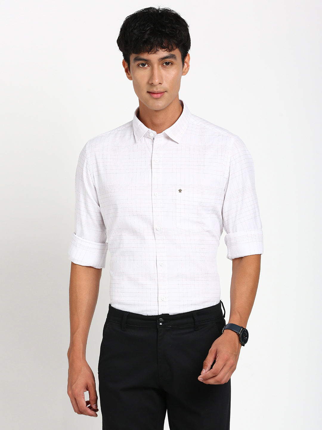 100% Cotton White Checkered Slim Fit Full Sleeve Casual Shirt