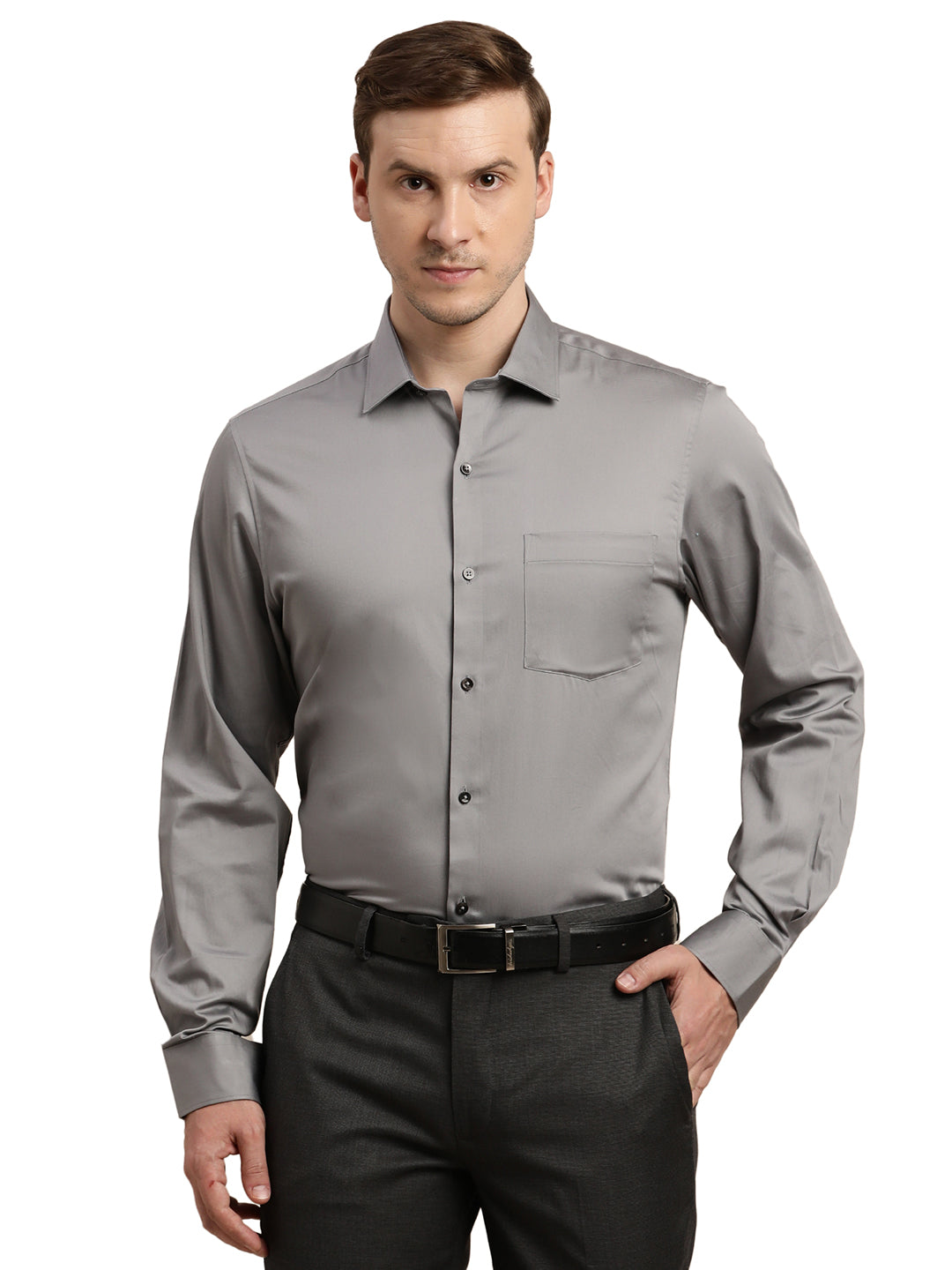 100% Cotton Grey Plain Slim Fit Full Sleeve Formal Shirt