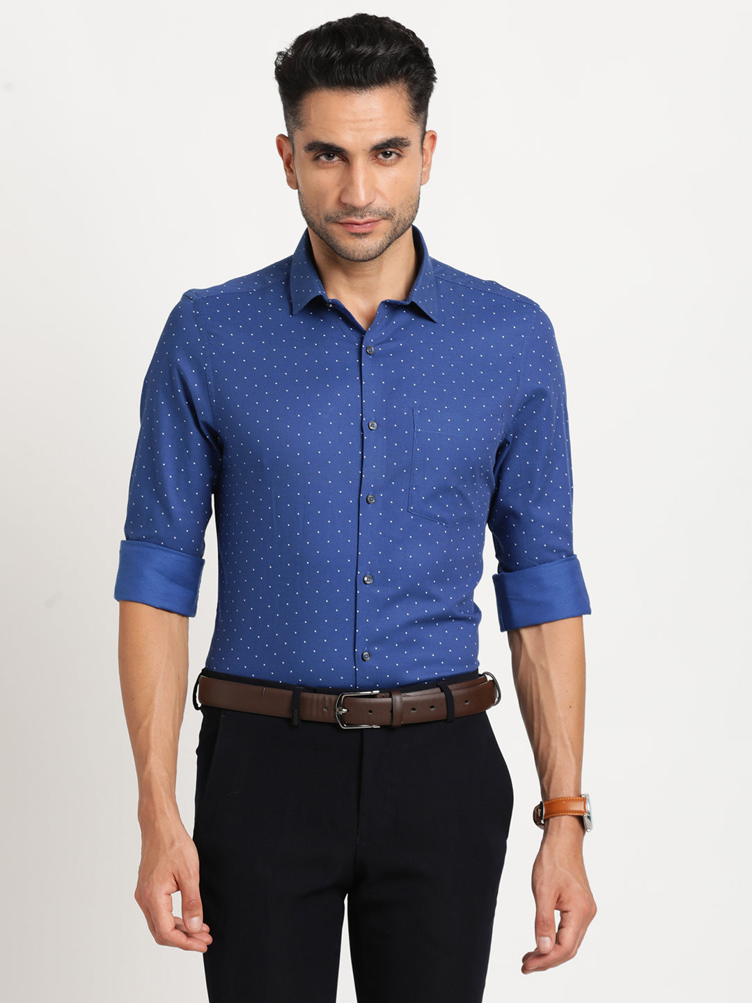 100% Cotton Blue Printed Slim Fit Full Sleeve Formal Shirt