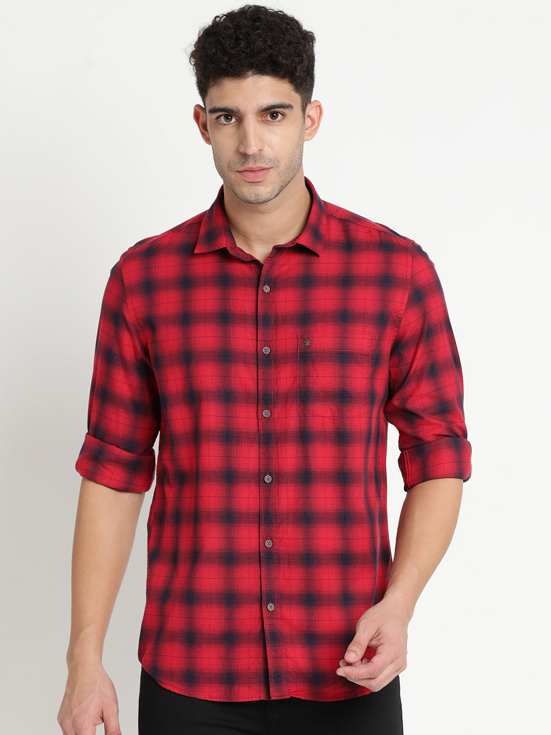 100% Cotton Red Checkered Slim Fit Full Sleeve Casual Shirt