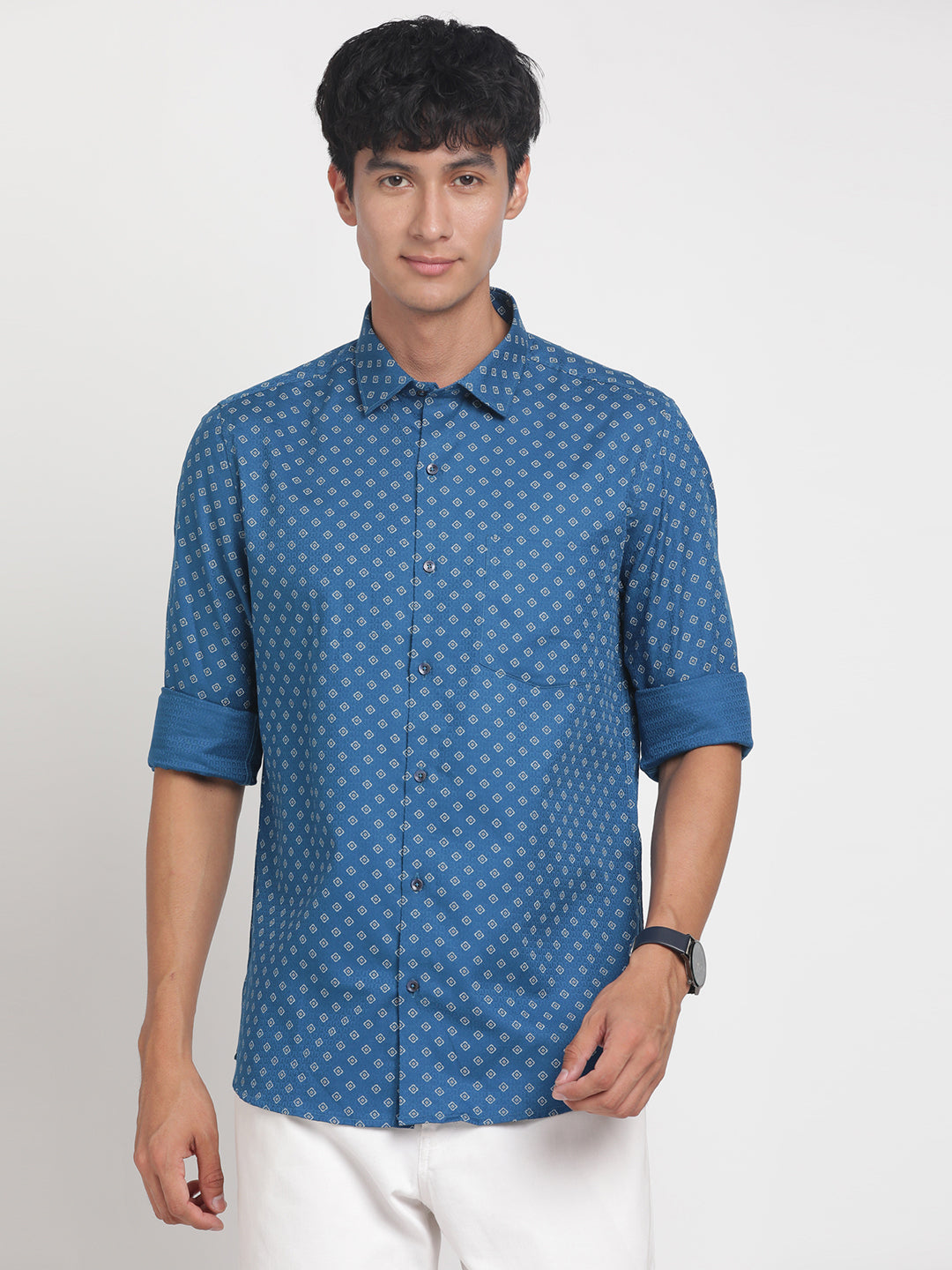 100% Cotton Blue Printed Slim Fit Full Sleeve Formal Shirt