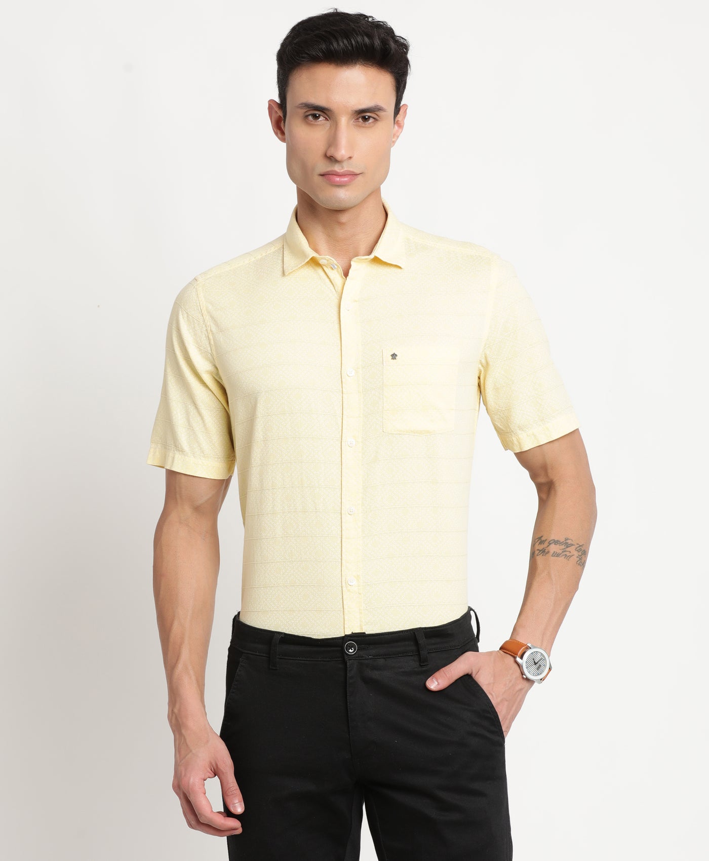 100% Cotton Yellow Printed Slim Fit Full Sleeve Casual Shirt