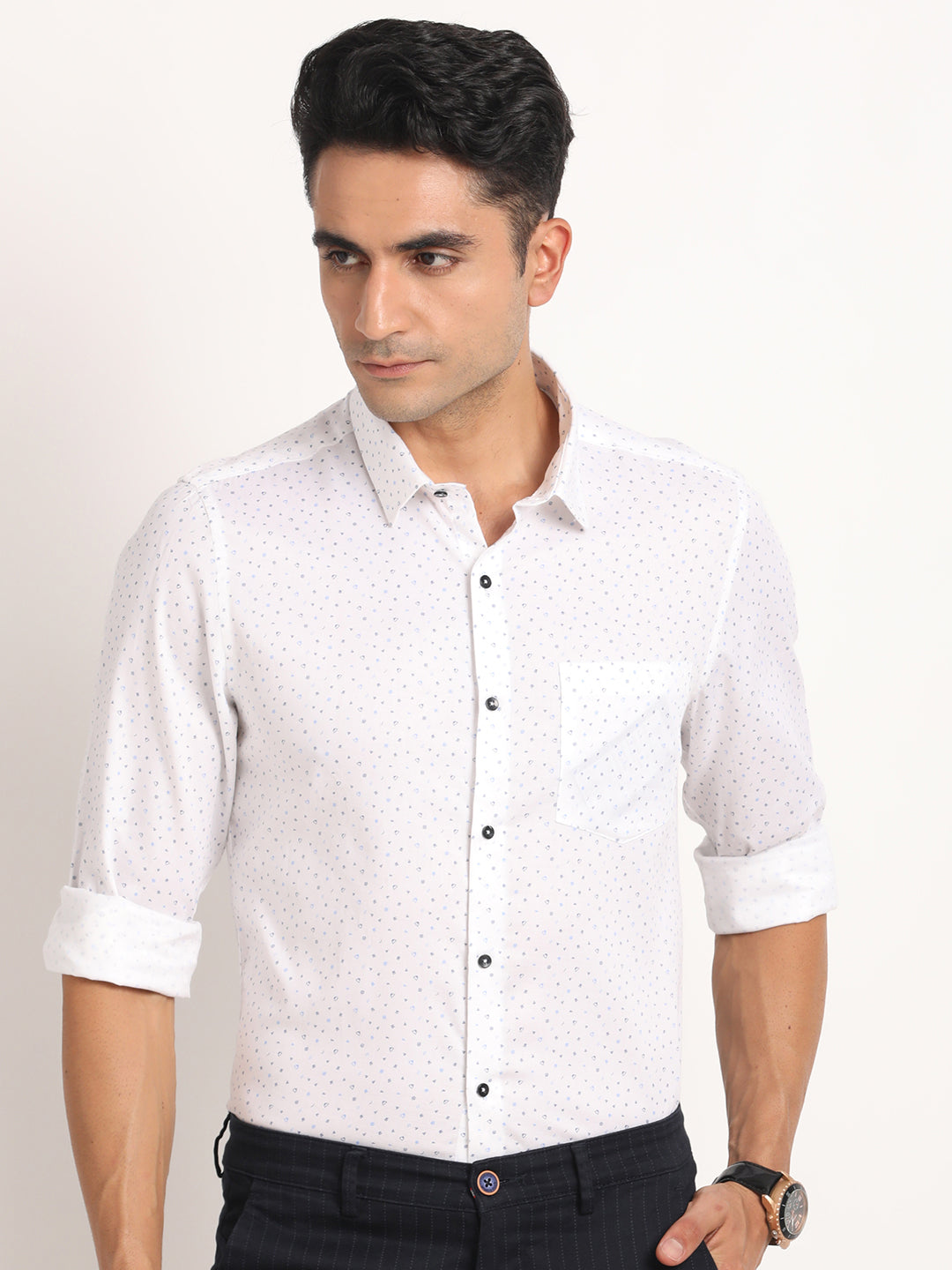 100% Cotton White Printed Slim Fit Full Sleeve Formal Shirt