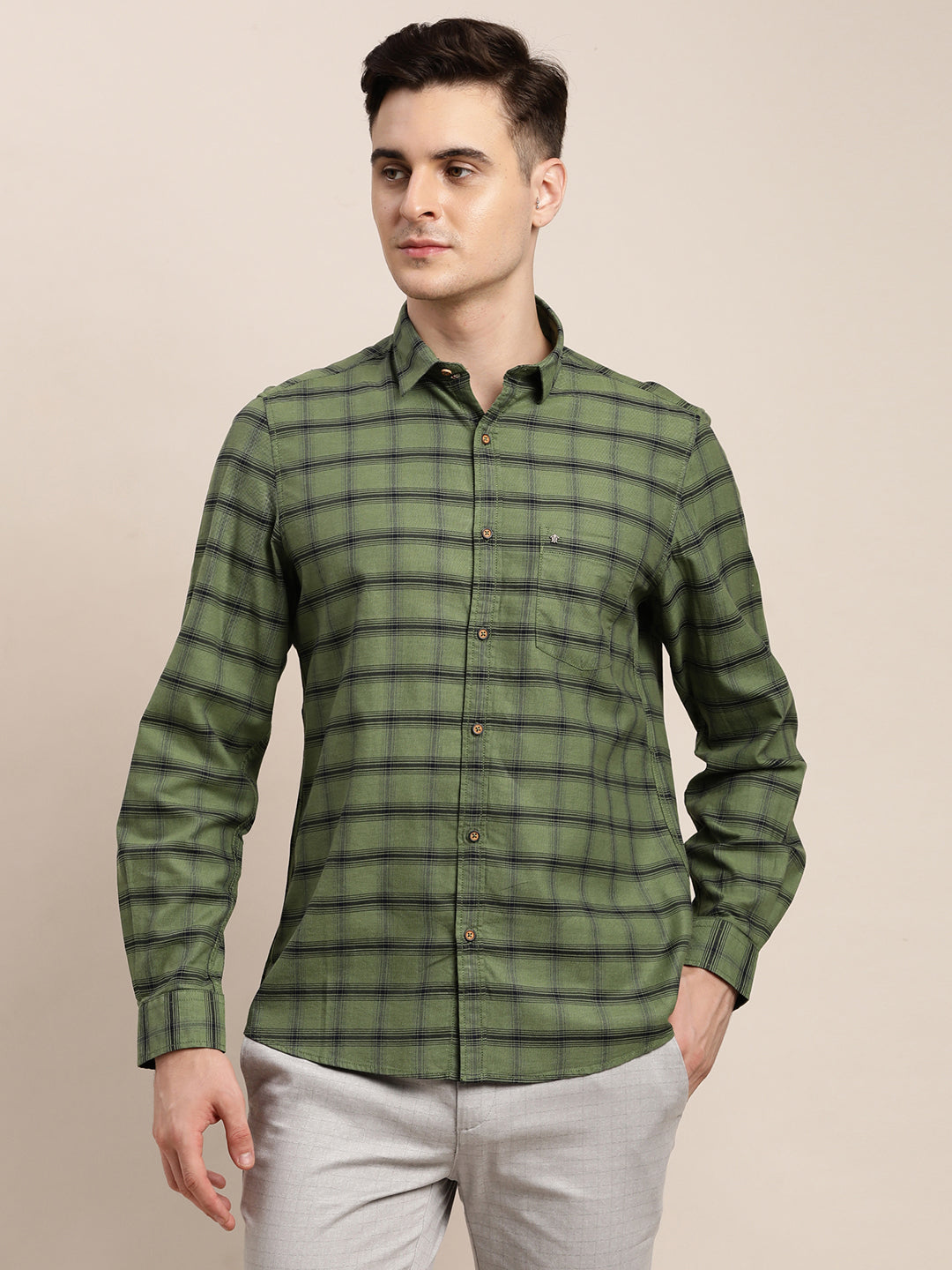 100% Cotton Green Checkered Slim Fit Full Sleeve Casual Shirt