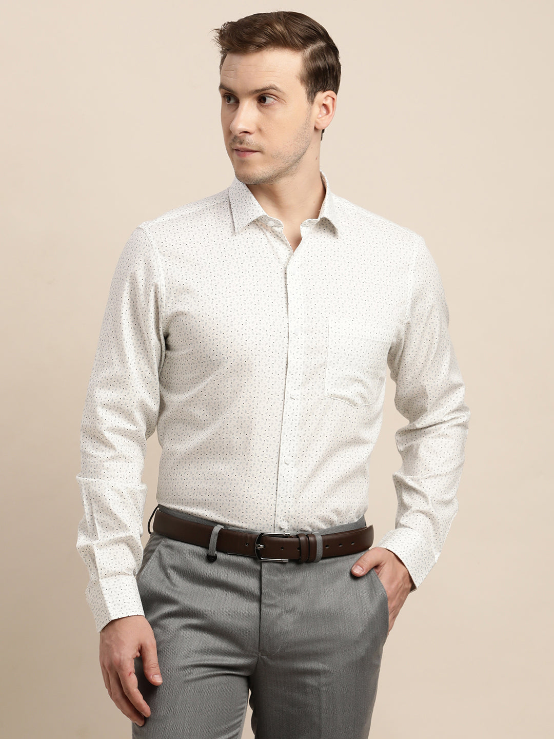 100% Cotton White Printed Slim Fit Full Sleeve Formal Shirt