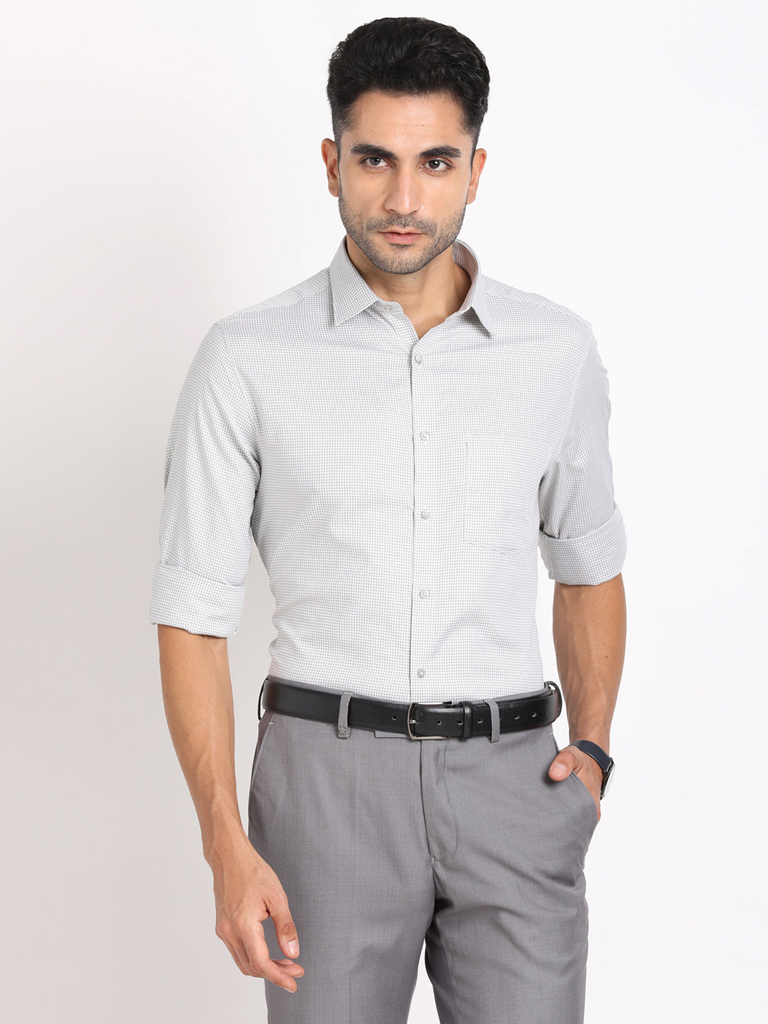 Giza Cotton Grey Checkered Regular Fit Half Sleeve Formal Shirt