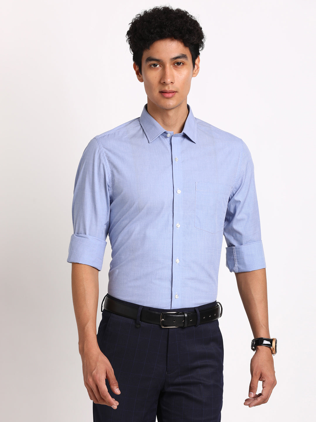 Giza Cotton Sky Blue Plain Slim Fit Full Sleeve Formal Shirt