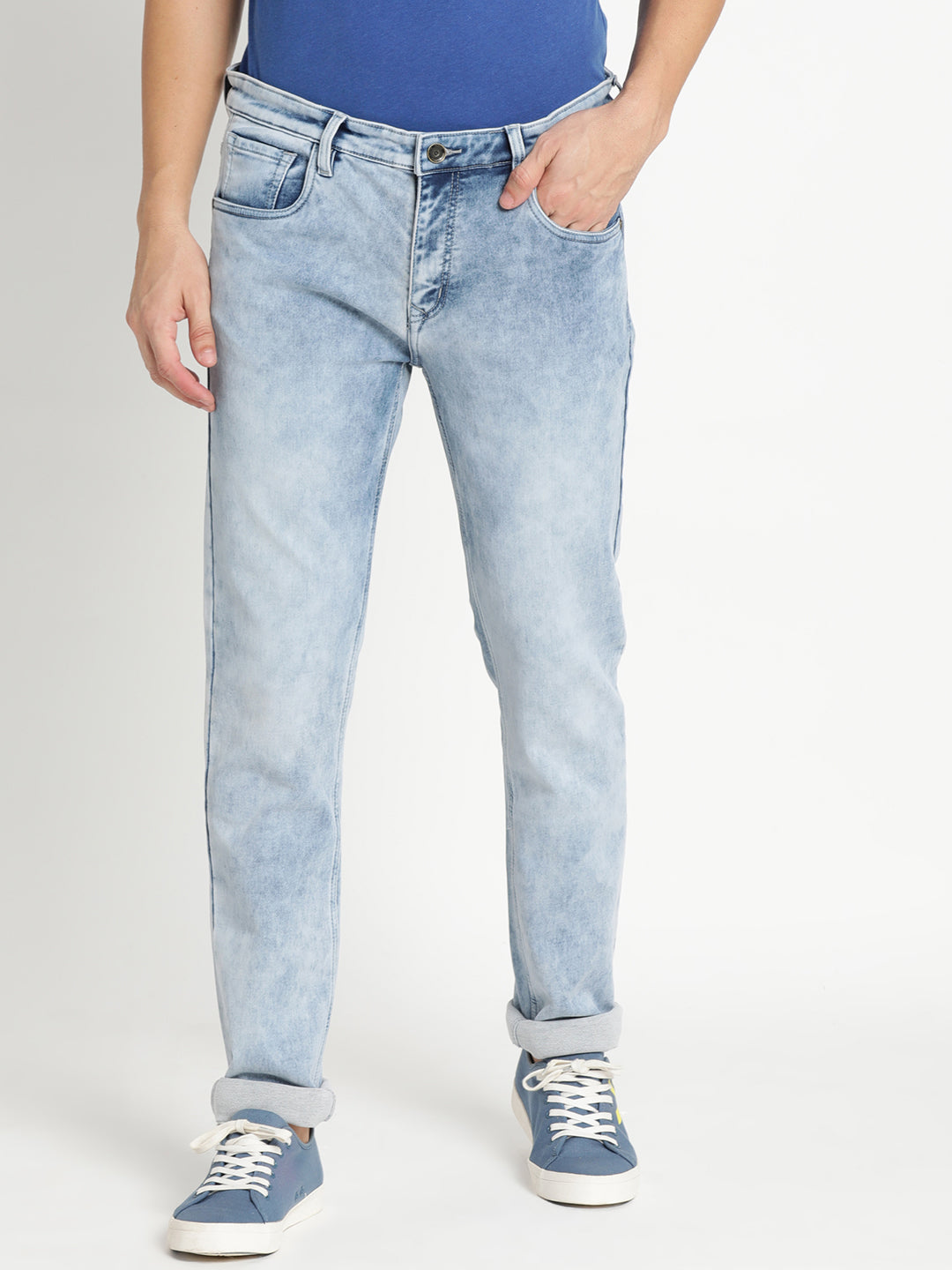 Cotton Stretch Light Blue Plain Narrow Fit Flat Front Casual Jeans