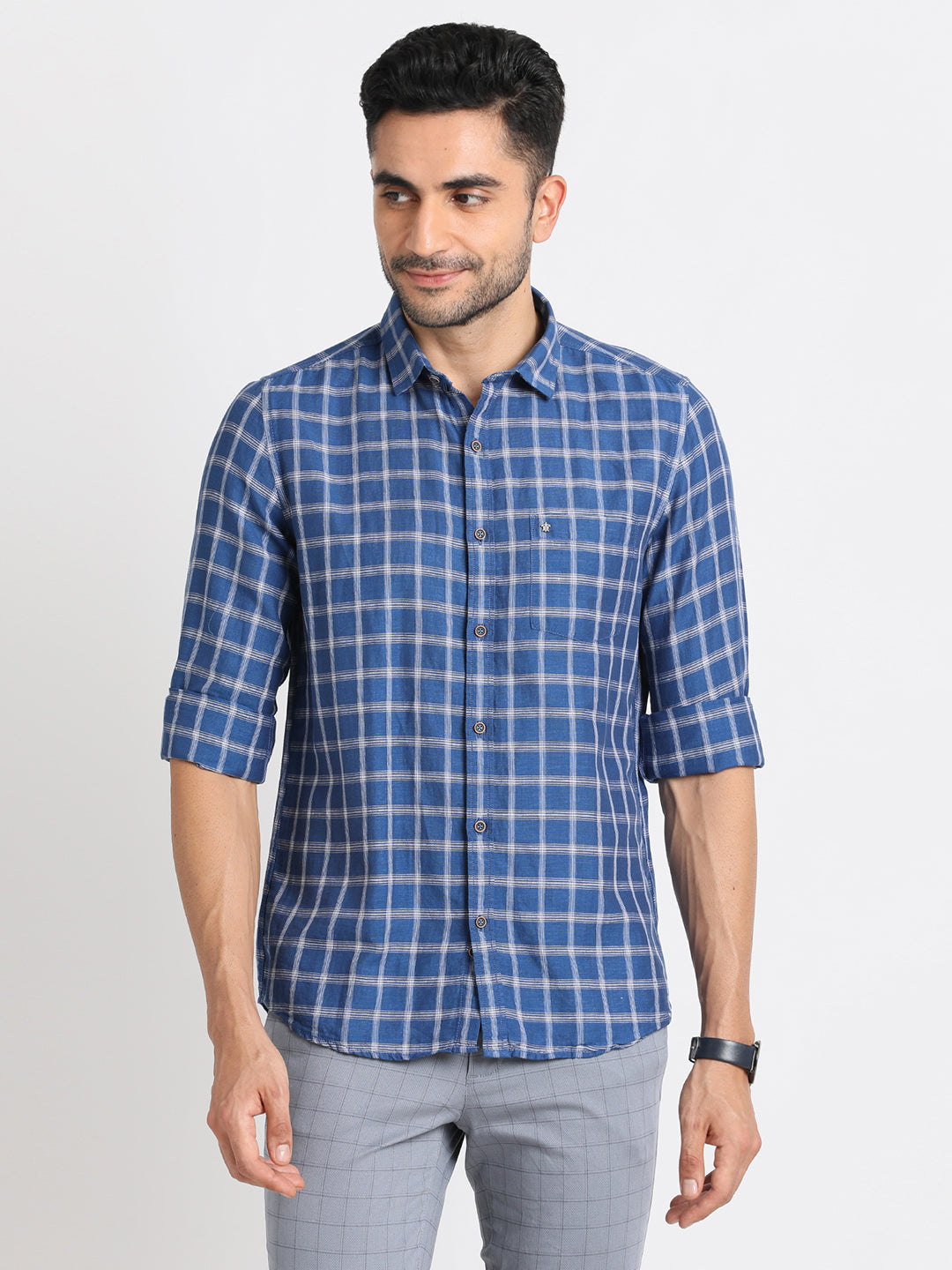 Cotton Linen Blue Checkered Slim Fit Full Sleeve Casual Shirt