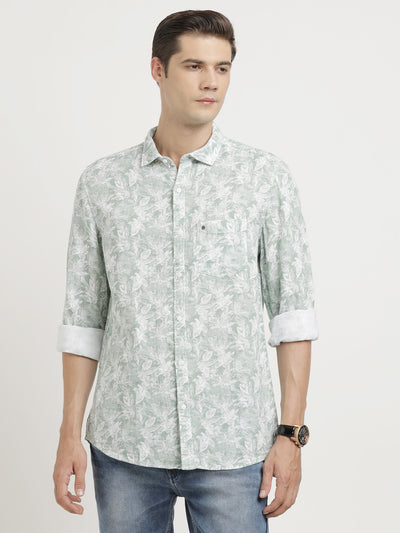 100% Cotton Pista Green Printed Slim Fit Full Sleeve Casual Shirt