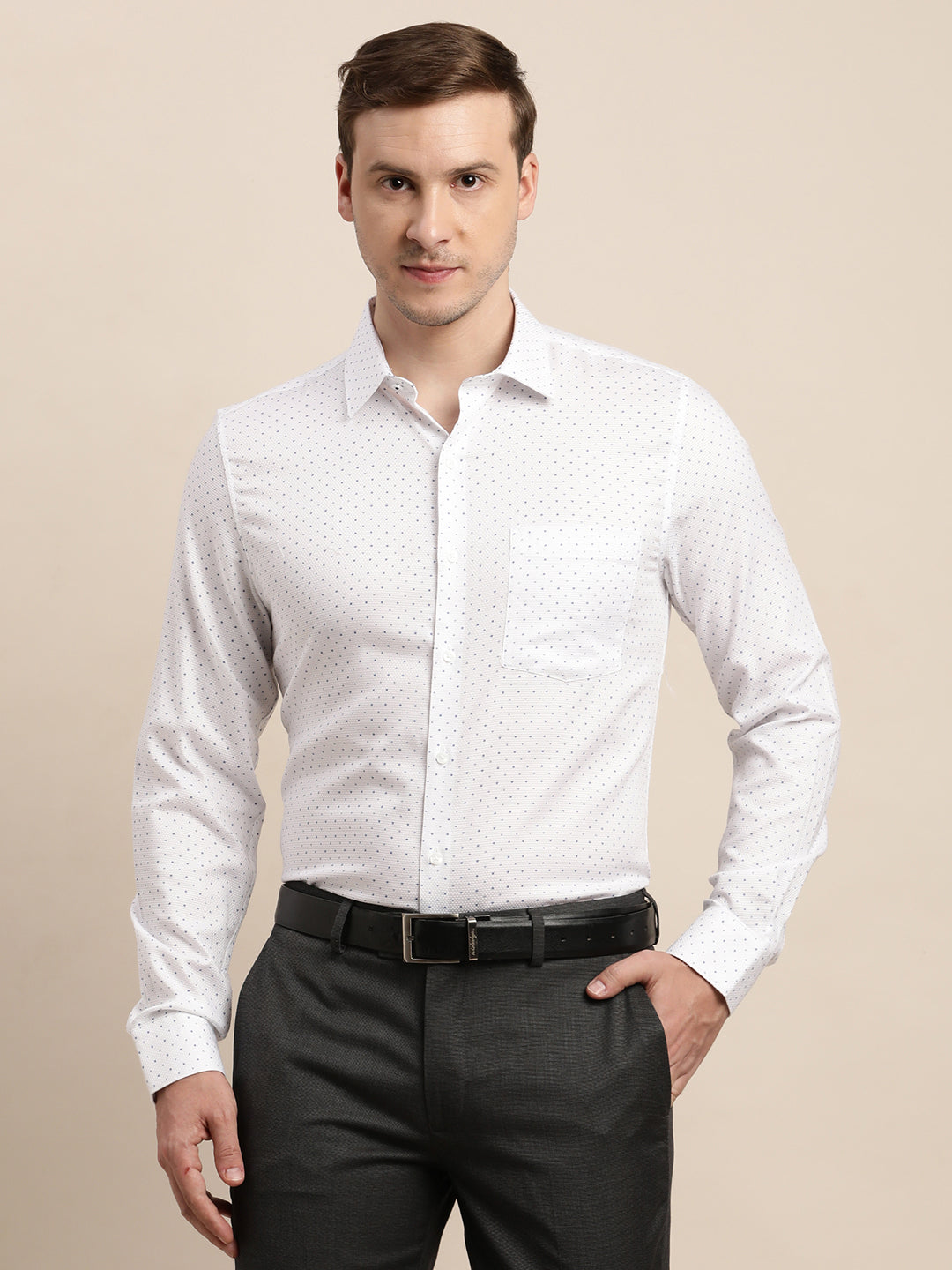 100% Cotton White Printed Slim Fit Full Sleeve Formal Shirt