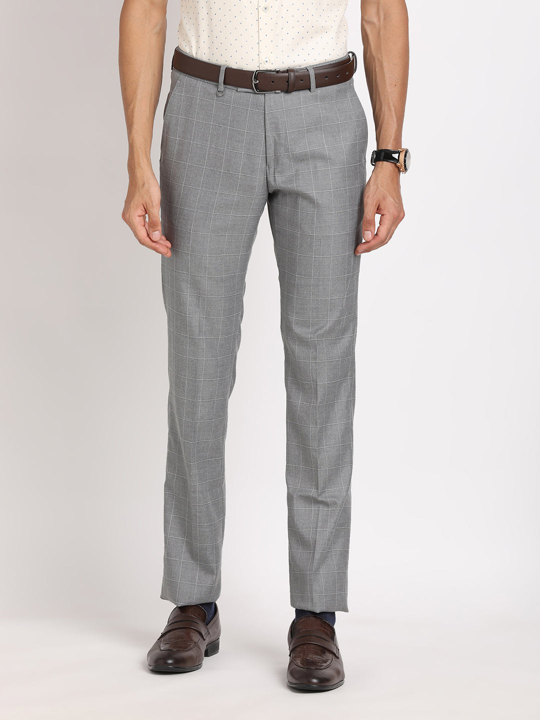 Poly Viscose Stretch Smokey Grey Checkered Slim Fit Flat Front Formal Trouser