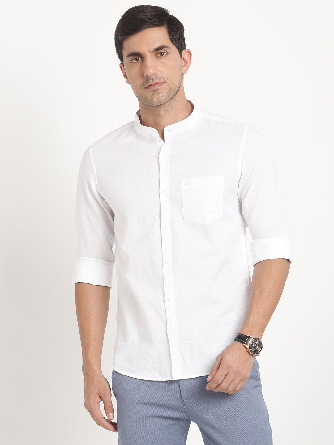 Cotton Linen White Plain Slim Fit Mandarin Collar Casual Shirt