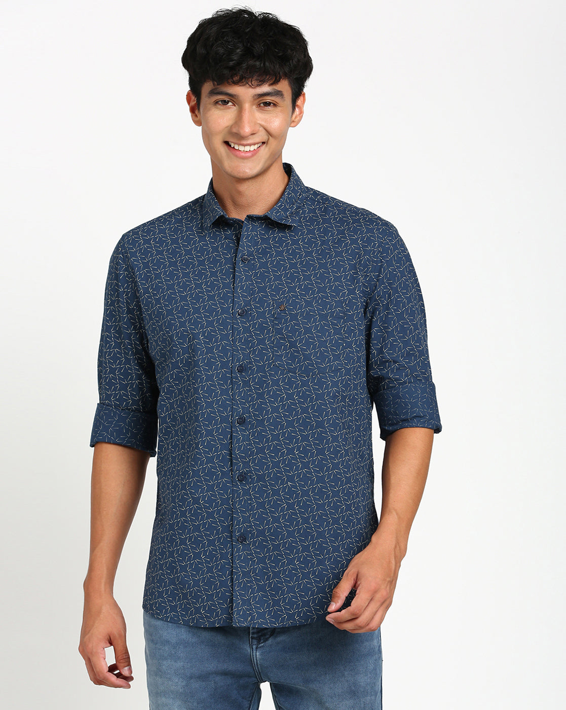 100% Cotton Navy Blue Printed Slim Fit Full Sleeve Casual Shirt