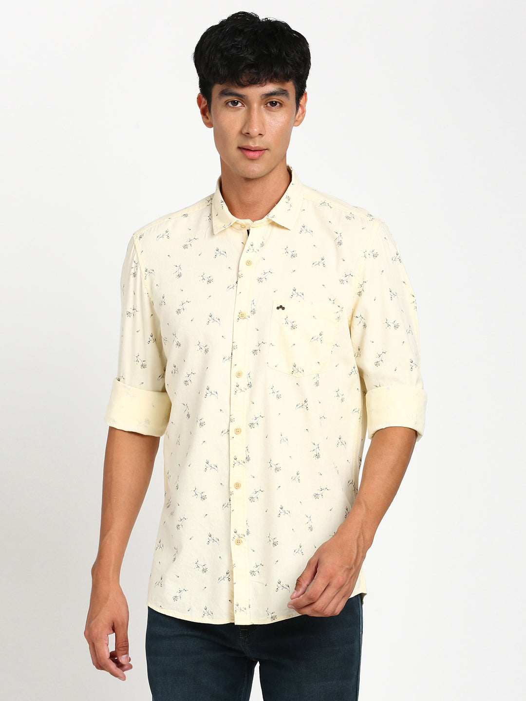 Cotton Tencel Yellow Printed Slim Fit Full Sleeve Casual Shirt